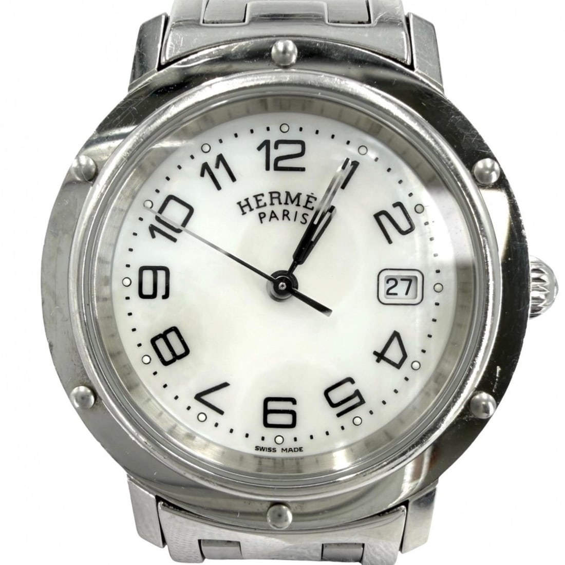 Hermes Women's Clipper Watch, Arabic Numerals, Date, Stainless Steel, Battery-Powered, White Dial,