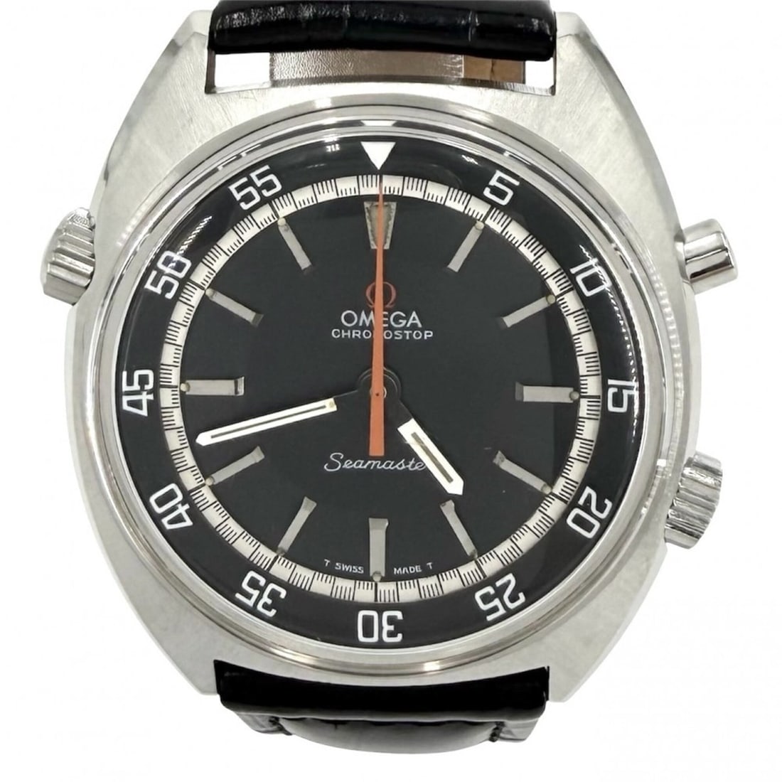Omega Seamaster men's watch, cal. 865 Chronostop MT, inner bezel, black dial, OMEGA 145.008, manual: --- Catalog ---Category: SizeWrist Size: 15cm - 20cm / 5.9'' - 7.87''Case Diameter: 40mm / 1.57''Category: DesignType: WristwatchGender: MenColor (Dial): BlackMaterial (Band): Leather, Stainless steel