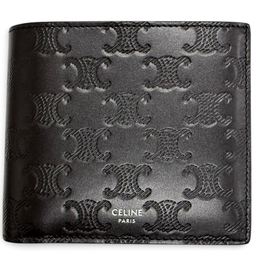 CELINE CEL10B653FQB Calfskin Triomphe Embossed Compact Bi-fold Wallet, Black, Made in Italy, Men's (1 of 15)