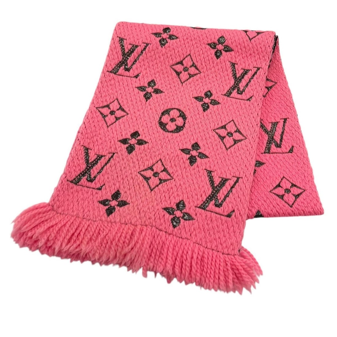 LOUIS VUITTON M76070 Echarpe Logomania Shine Virgin Wool Silk Blend Rose Pop Monogram Fringe Stole (1 of 13)
