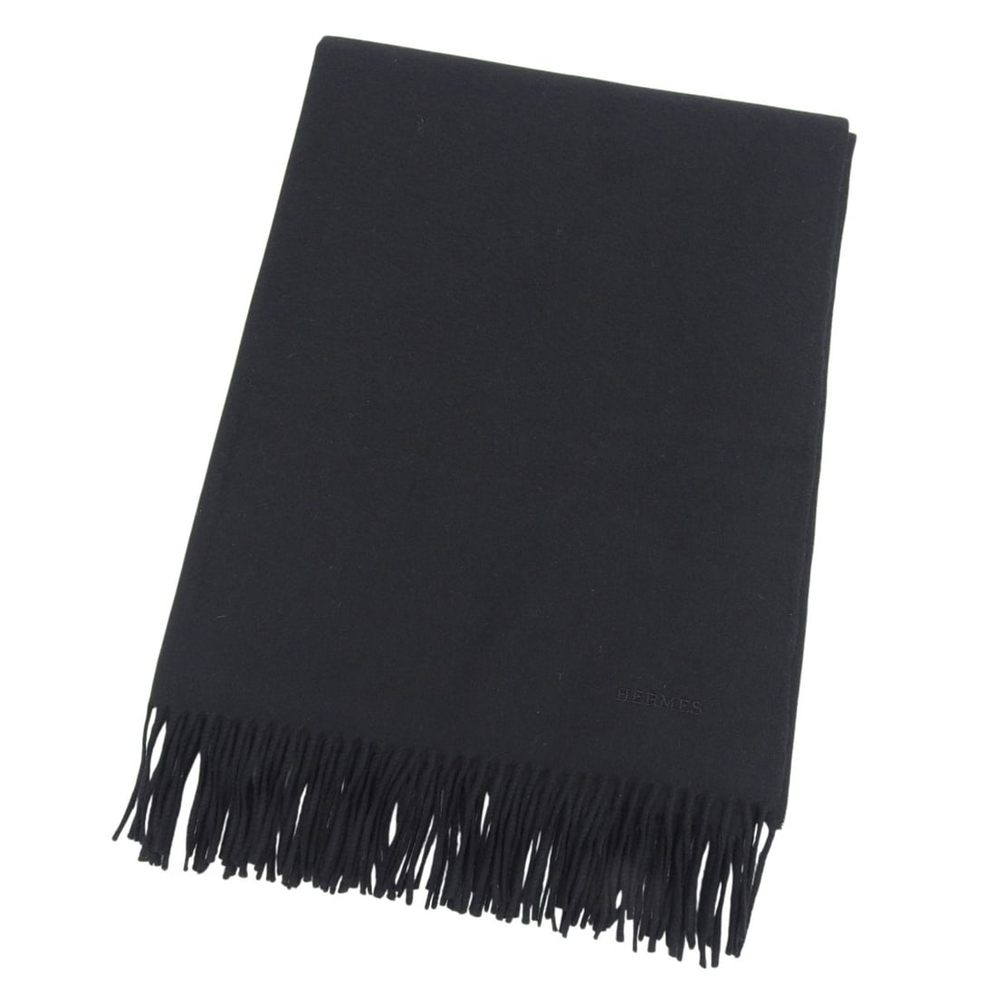 HERMES 100% Cashmere Logo Embroidered Fringe Large Shawl Stole Scarf Black Made in Scotland Men's (1 of 11)
