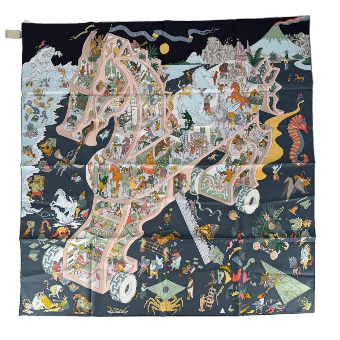 Hermes Carre 90 ACADEMIA HIPPICA Fashion Item Academia Hippica HERMES Silk Green Multicolor