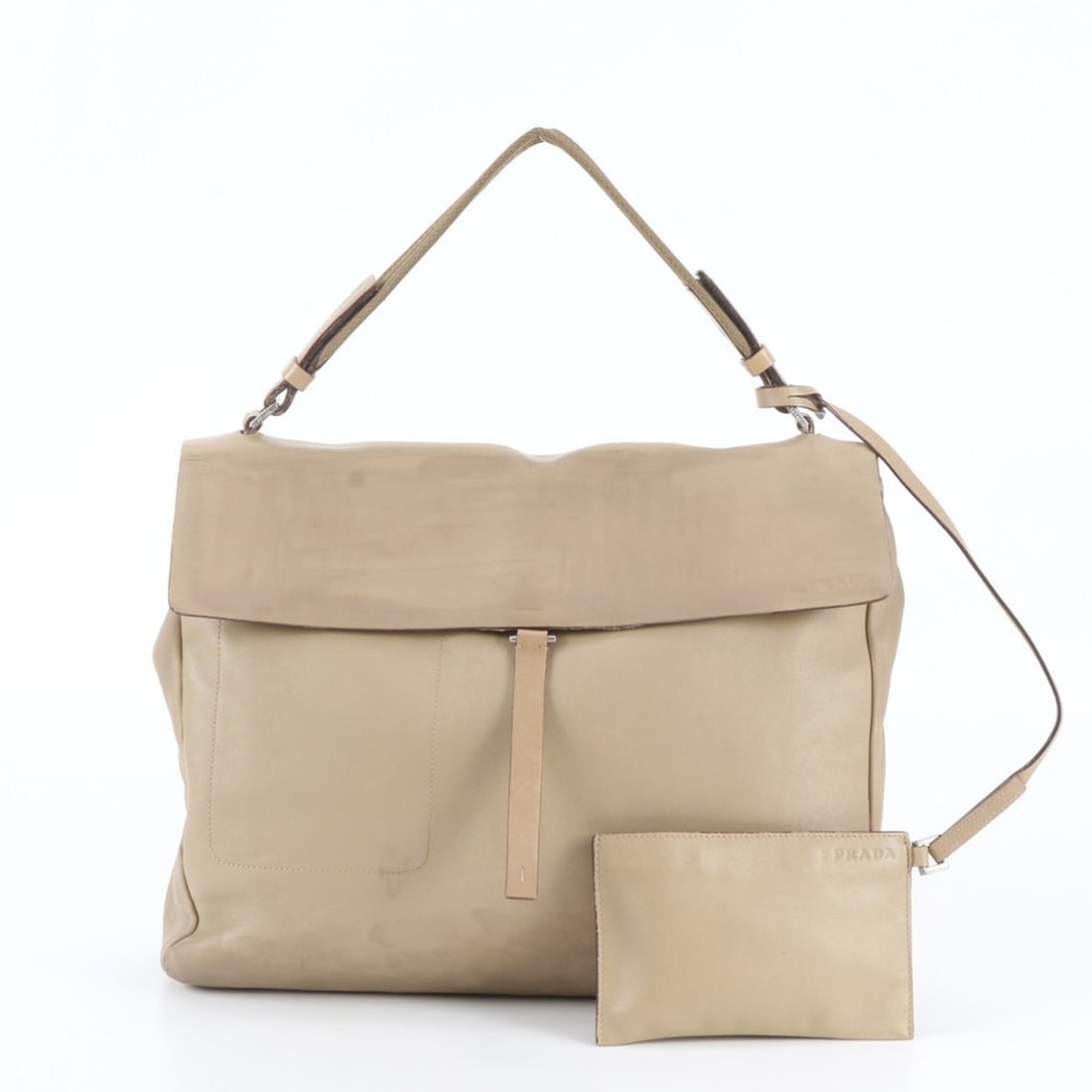 Prada Leather Handbag Mesh Beige Shoulder Bag Brand Women's