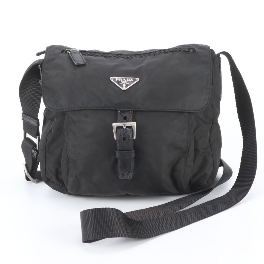 Prada Tessuto Nylon Triangle Logo Leather Shoulder Bag Messenger Black Men's