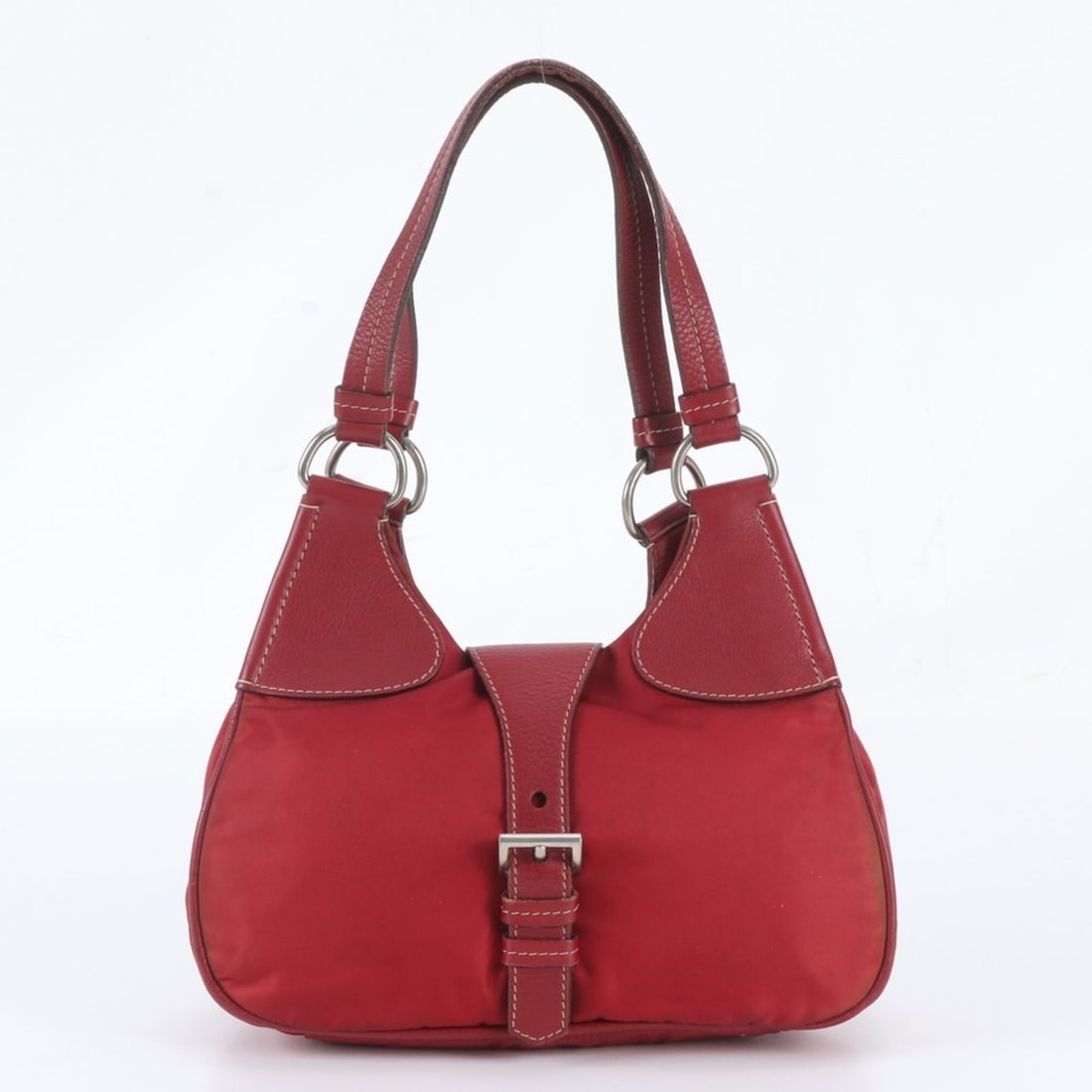 Prada Tessuto Nylon Triangle Logo Leather Shoulder Bag Tote Handbag for Women: --- Catalog ---Category: SizeSize (HxWxD): 18cm x 29cm x 8cm / 7.08'' x 11.41'' x 3.14''Category: DesignType: Handbag, Shoulder bag, Tote bagColor: Red colorGender: WomenMaterial: Leather , Nylon Cate
