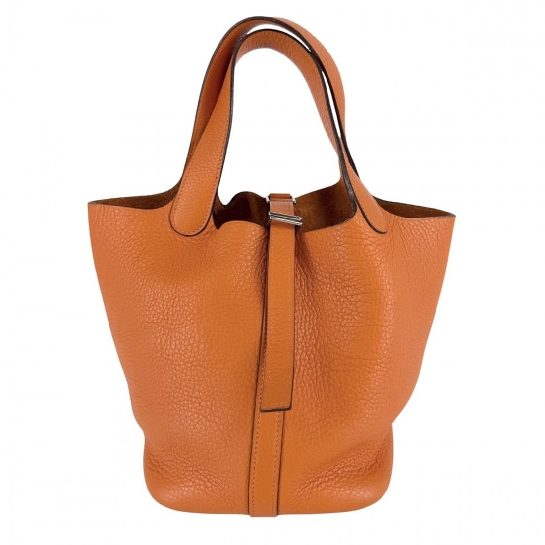 Hermes Picotin PM handbag for women, HERMES ?K stamp, leather, orange, silver hardware, 2007.: --- Catalog ---Category: SizeSize (HxWxD): 18cm x 18cm x 13cm / 7.08'' x 7.08'' x 5.11''Handle Length: 27cm / 10.62''Category: DesignType: HandbagColor: OrangeGender: WomenMaterial: Leather Category: 