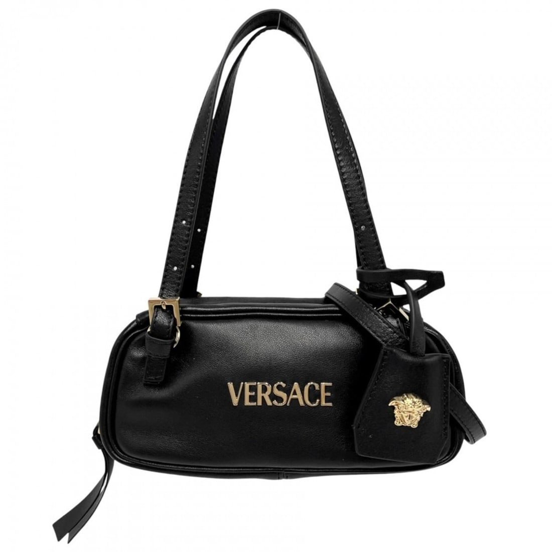 Versace Women's Bowling Mini Bag with Tag, Shoulder Bag, Handbag, Lambskin, Black, Gold Hardware: --- Catalog ---Category: SizeSize (HxWxD): 8.5cm x 19cm x 8cm / 3.34'' x 7.48'' x 3.14''Strap Length: 115cm / 45.27''Handle Length: 40cm / 15.74''Category: DesignType: Handbag, Shoulder bagColor: Blac