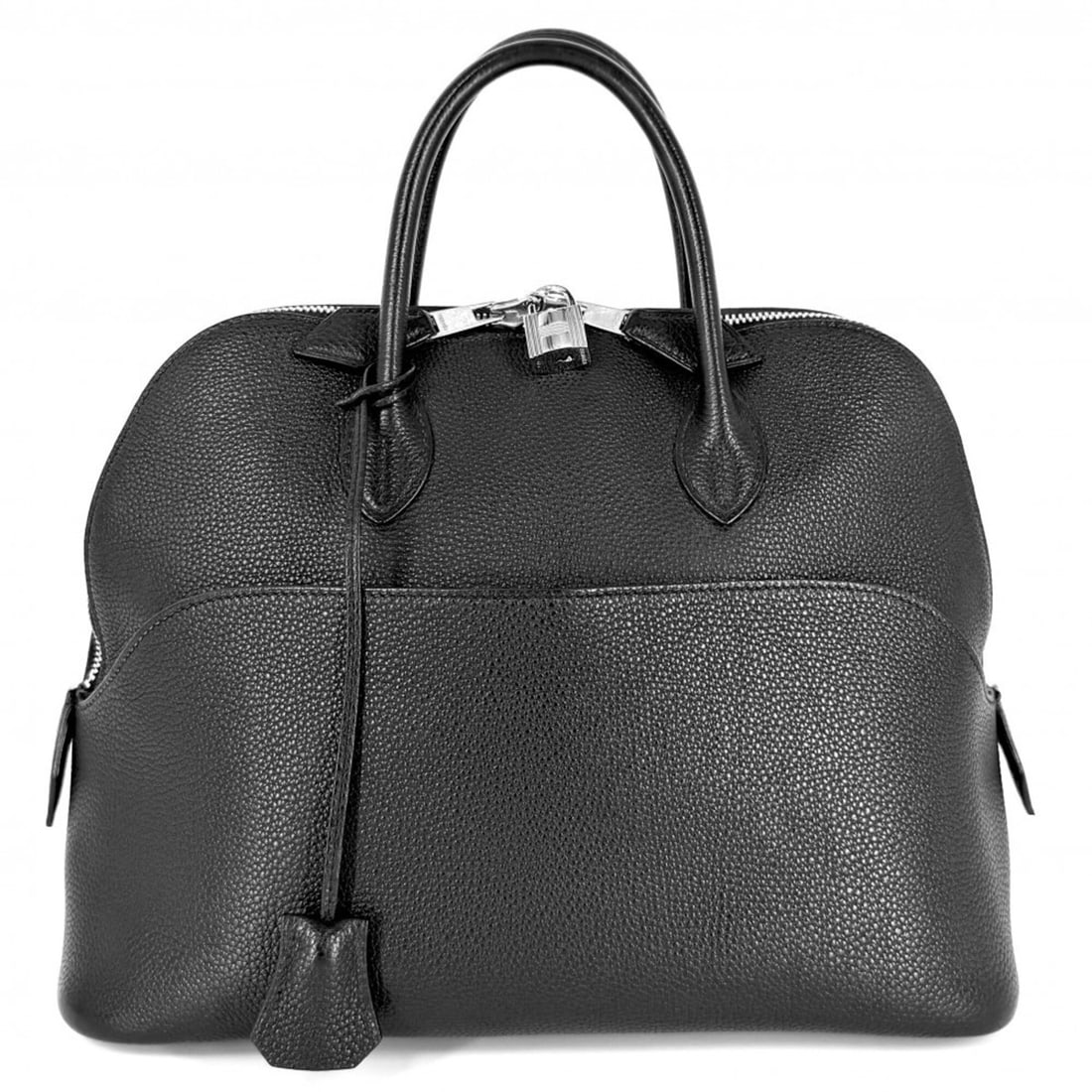 Hermes Bolide 31 handbag for women, HERMES ?J stamp, leather, black, silver hardware, 2006.: --- Catalog ---Category: SizeSize (HxWxD): 24cm x 31cm x 12cm / 9.44'' x 12.2'' x 4.72''Handle Length: 30cm / 11.81''Category: DesignType: HandbagColor: BlackStyle: CasualGender: WomenMaterial: Leathe