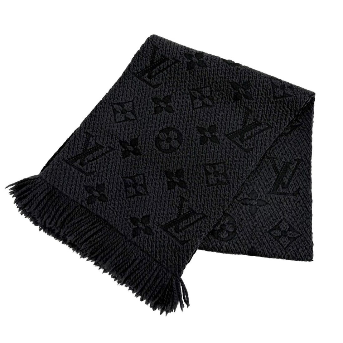 LOUIS VUITTON 413287 Echarle Logo Mania Wool Silk Blend Monogram Fringe Stole Scarf Black Made in: --- Catalog ---Category: SizeSize (LxW): 1.46m x 30cm / 57.48'' x 11.81''Category: DesignType: StoleColor: BlackGender: WomenMaterial: Wool , Silk Category: GeneralMPN: 413287Brand: Louis VuittonCount