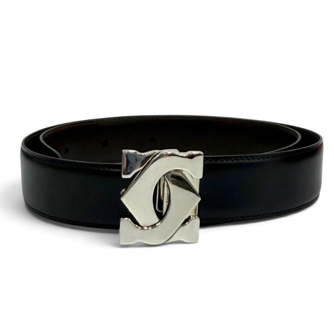 Cartier Reversible 2C Buckle Leather Belt, Black/Brown, Silver Hardware, Women's: --- Catalog ---Category: SizeLength: 73cm - 79.5cm / 28.74'' - 31.29''Category: DesignType: Standard beltColor: Black, BrownGender: WomenMaterial (Strap): Leather Category: GeneralBrand: Cartier--- It