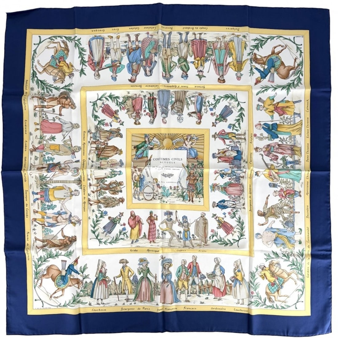 Hermes Carre 90 Costumes for Modern Citizens - Fashion Item Silk Blue/Yellow Scarf/Muffler Women's: --- Catalog ---Category: SizeSize (LxW): 90cm x 90cm / 35.43'' x 35.43''Category: DesignType: ScarfColor: Blue, White, YellowGender: WomenMaterial: Silk Category: GeneralBrand: Hermes--- Item List ---