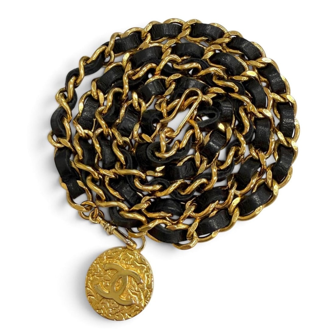 CHANEL Vintage Coco Mark Medal Motif Leather Chain Belt (Gold & Black) - Women's Comes with Box: --- Catalog ---Category: SizeLength: 90cm / 35.43''Category: DesignType: Chain beltColor: Black, GoldGender: WomenMaterial (Strap): Leather Category: GeneralBrand: Chanel--- Item List ---Section: Cond