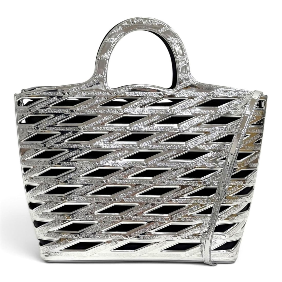 BALENCIAGA 626111 Neo Basket Logo 2-Way Tote Bag/Shoulder Bag, Silver/Black, Made in Italy, Women's,