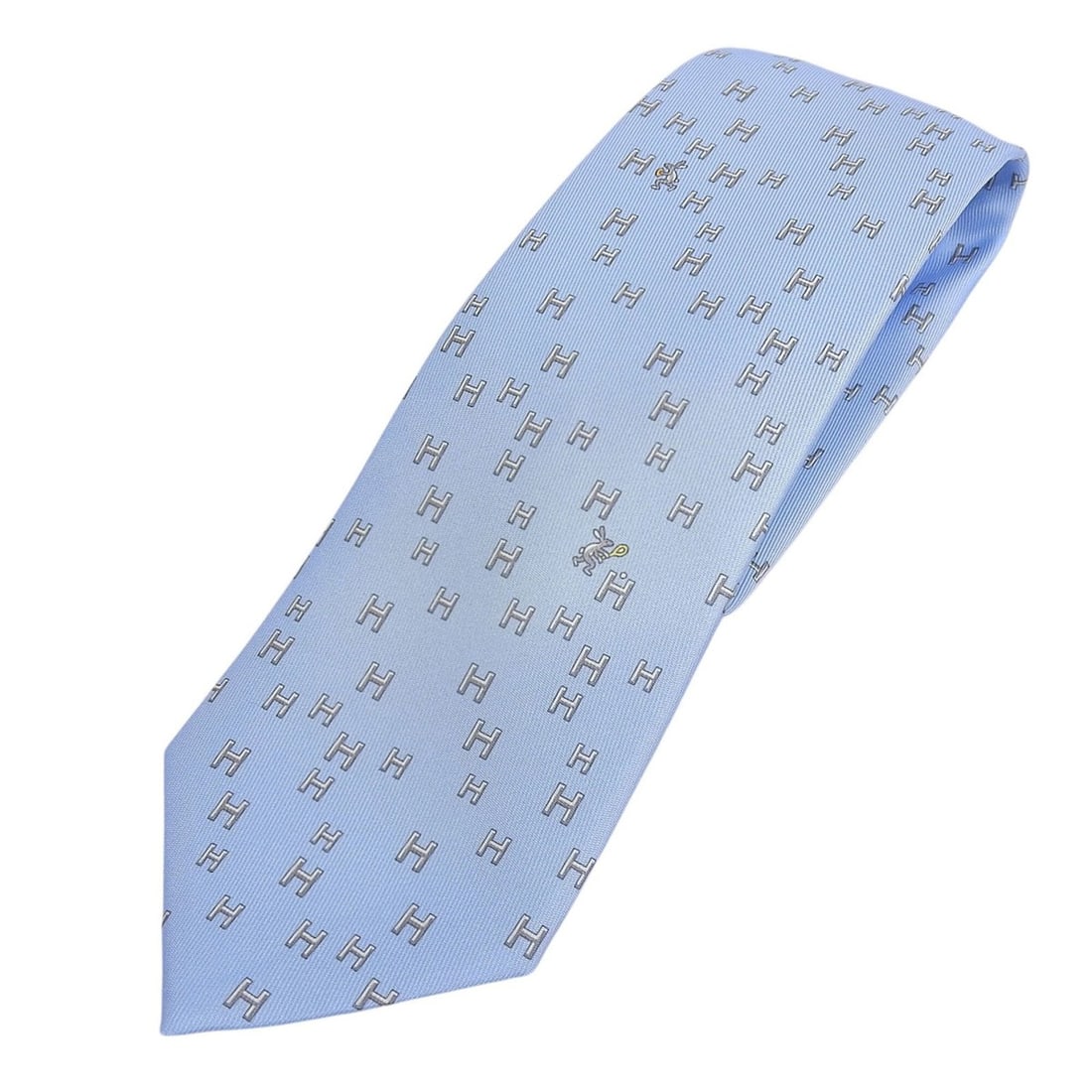 HERMES 6349HA 100% Silk Rabbit and Sport Podium Pattern Tie, Light Blue Gray, Made in France, Men's, (1 of 18)