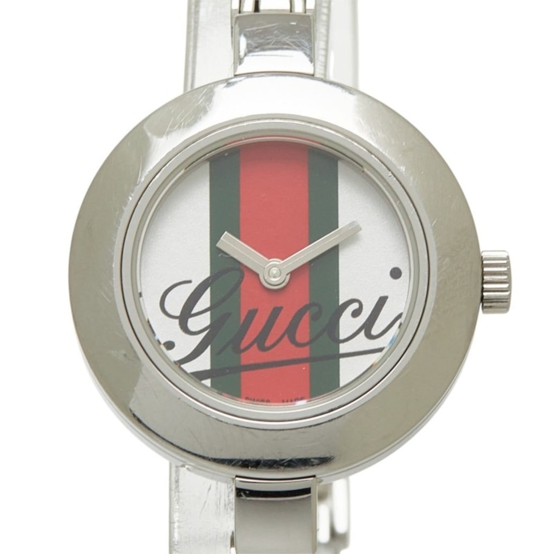 Gucci Sherry Line Bangle Watch, Model 105, Quartz, White Dial, Stainless Steel, Women's GUCCI: --- Catalog ---Category: SizeWrist Size: 15.5cm / 6.1''Case Diameter: 25.5mm / 1''Category: DesignType: WristwatchGender: WomenColor (Dial): WhiteMaterial (Band): Stainless steelMaterial (Case): Stain