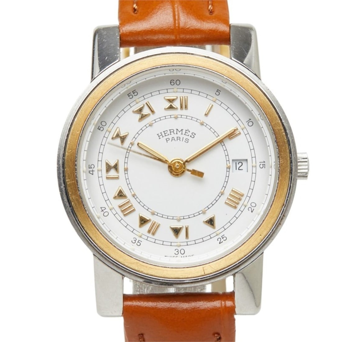 Hermes Carrick Quartz Watch, White Dial, Stainless Steel Strap, Leather Women's.: --- Catalog ---Category: SizeWrist Size: 16cm / 6.29''Case Diameter: 26mm / 1.02''Category: DesignType: WristwatchGender: WomenColor (Dial): WhiteMaterial (Band): LeatherMaterial (Case): Stainless ste