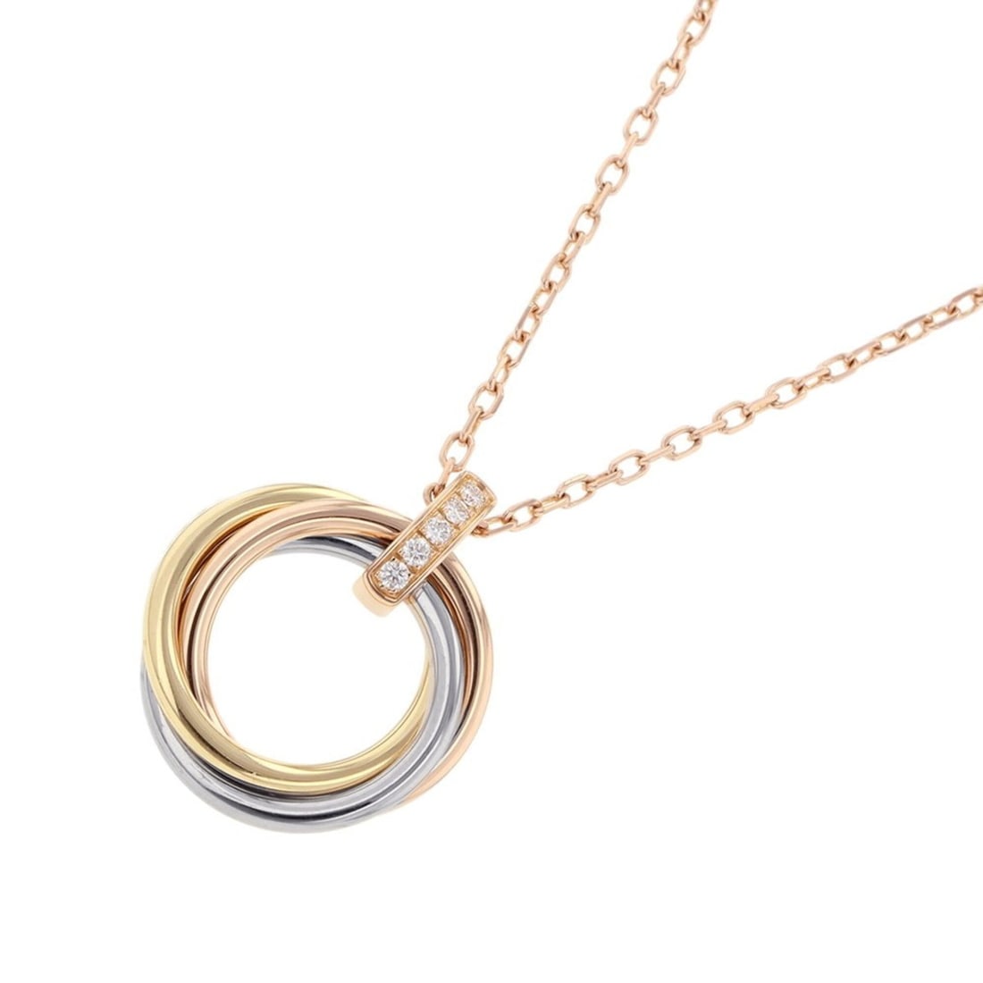 Cartier Trinity Necklace Pendant with 5 Diamonds, 18K Yellow Gold, Pink White Gold (B7058700): --- Catalog ---Category: SizePendant Size: 21.5mm x 18.2mm / 0.84'' x 0.71''Neck Circumference: 43 cm / 16.92''Category: DesignStone: DiamondGender: WomenMaterial: Pink gold (18K), White gold (18K), Y