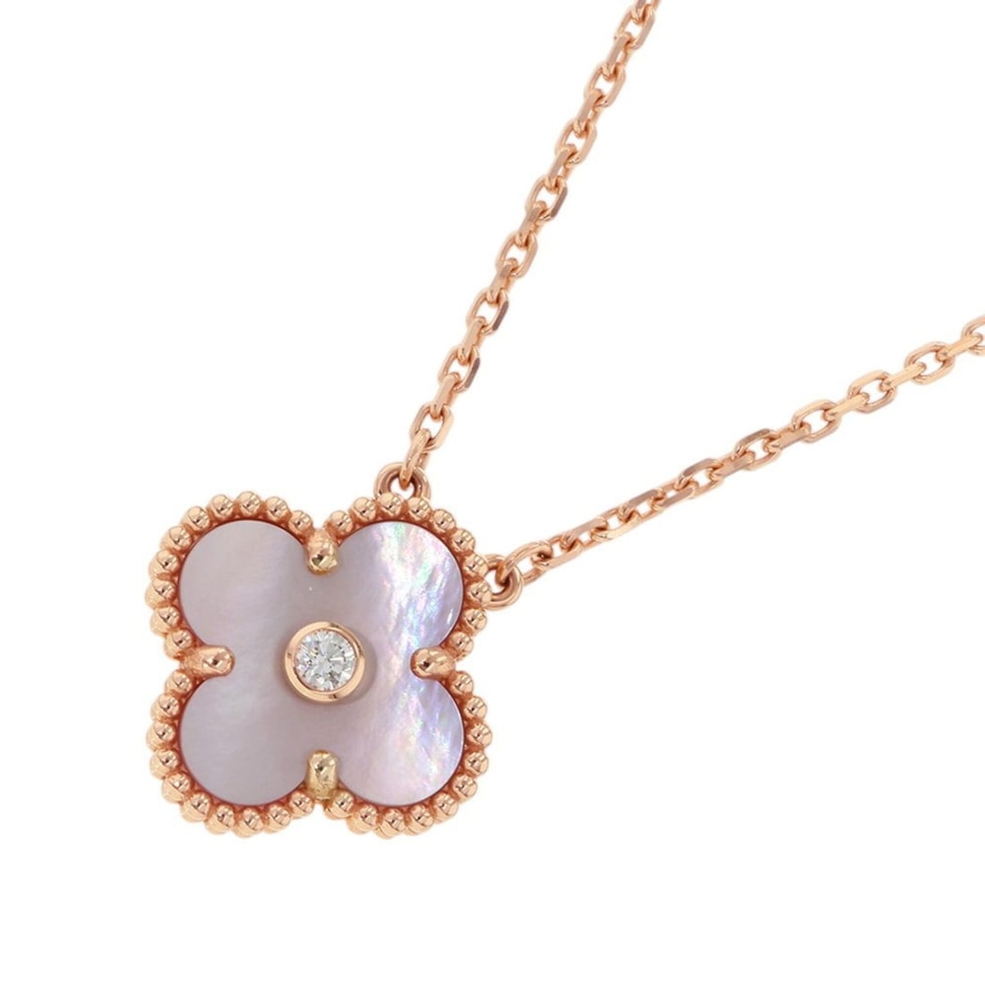 Van Cleef & Arpels Alhambra Necklace, Pink Mother-of-Pearl, 1 Diamond, 18K Gold (VCARPMOP00), 2025: --- Catalog ---Category: SizePendant Size: 14.9mm x 14.9mm / 0.58'' x 0.58''Neck Circumference: 37 cm - 41 cm / 14.56'' - 16.14''Category: DesignStone: DiamondGender: WomenMaterial: Pink gold (18K)Nec