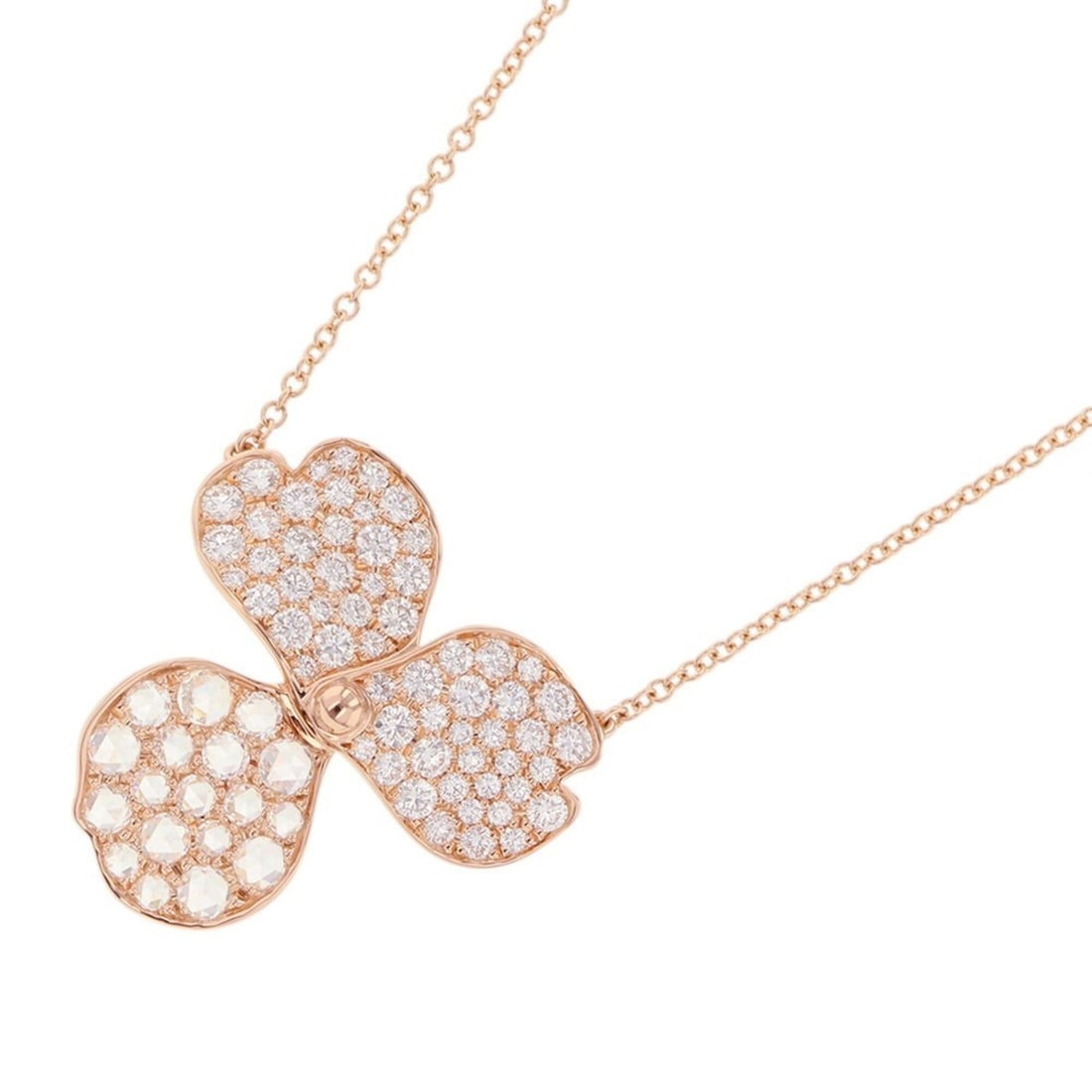 Tiffany & Co. Paper Flower Necklace, Rose Cut Diamond Pave Diamond, 18K Pink Gold Pendant.: --- Catalog ---Category: SizePendant Size: 20.2mm x 20.5mm / 0.79'' x 0.8''Neck Circumference: 40 cm / 15.74''Category: DesignStone: DiamondGender: WomenMaterial: Pink gold (18K)Pendant Type: PendantN