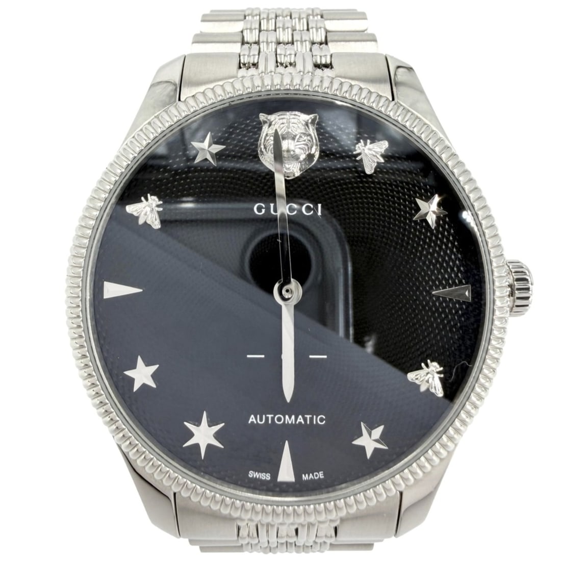 Gucci Men's G-Timeless Watch with Date, Tiger Pattern, Black Dial, Automatic Movement, Stainless: --- Catalog ---Category: SizeWrist Size: 17cm / 6.69''Case Diameter: 40mm / 1.57''Category: DesignType: WristwatchGender: MenColor (Dial): BlackMaterial (Band): Stainless steelMaterial (Case):