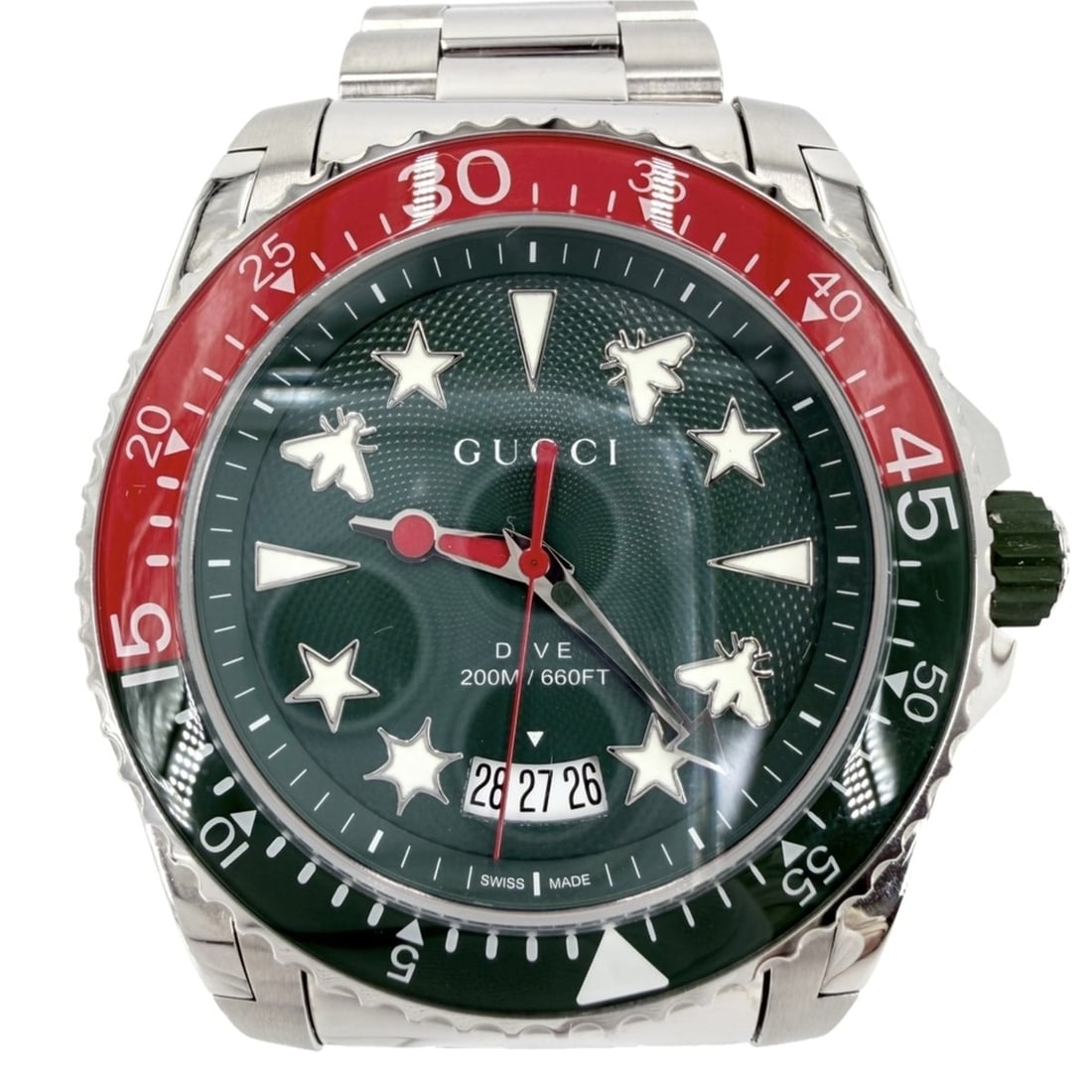Gucci Men's Date Dive Watch Quartz Green Dial GUCCI YA136222 Stainless Steel Silver: --- Catalog ---Category: SizeWrist Size: 17cm / 6.69''Case Diameter: 45mm / 1.77''Category: DesignType: WristwatchGender: MenColor (Dial): GreenMaterial (Band): Stainless steelMaterial (Case): Stainle