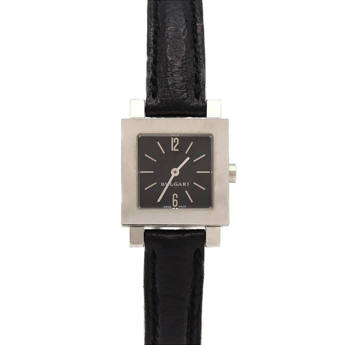 Bulgari Quadrato SQ22SL Stainless Steel Quartz Watch: --- Catalog ---Category: SizeCase Diameter: 22mm / 0.87''Category: DesignType: WristwatchGender: WomenColor (Dial): BlackMaterial (Case): Stainless steelCategory: GeneralMPN: SQ22SLBrand: BvlgariCateg