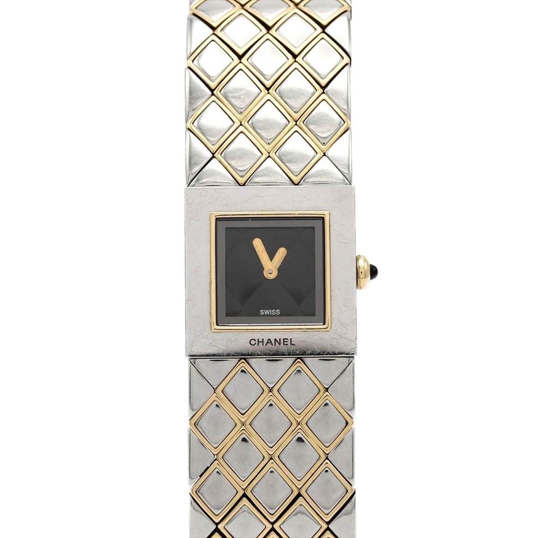 Chanel Matelassé Combination H0475 SSxYG Quartz Watch: --- Catalog ---Category: SizeWrist Size: 14.5cm / 5.7''Case Diameter: 19mm / 0.75''Category: DesignType: WristwatchGender: WomenColor (Dial): BlackMaterial (Band): Stainless steel, Yellow goldMaterial