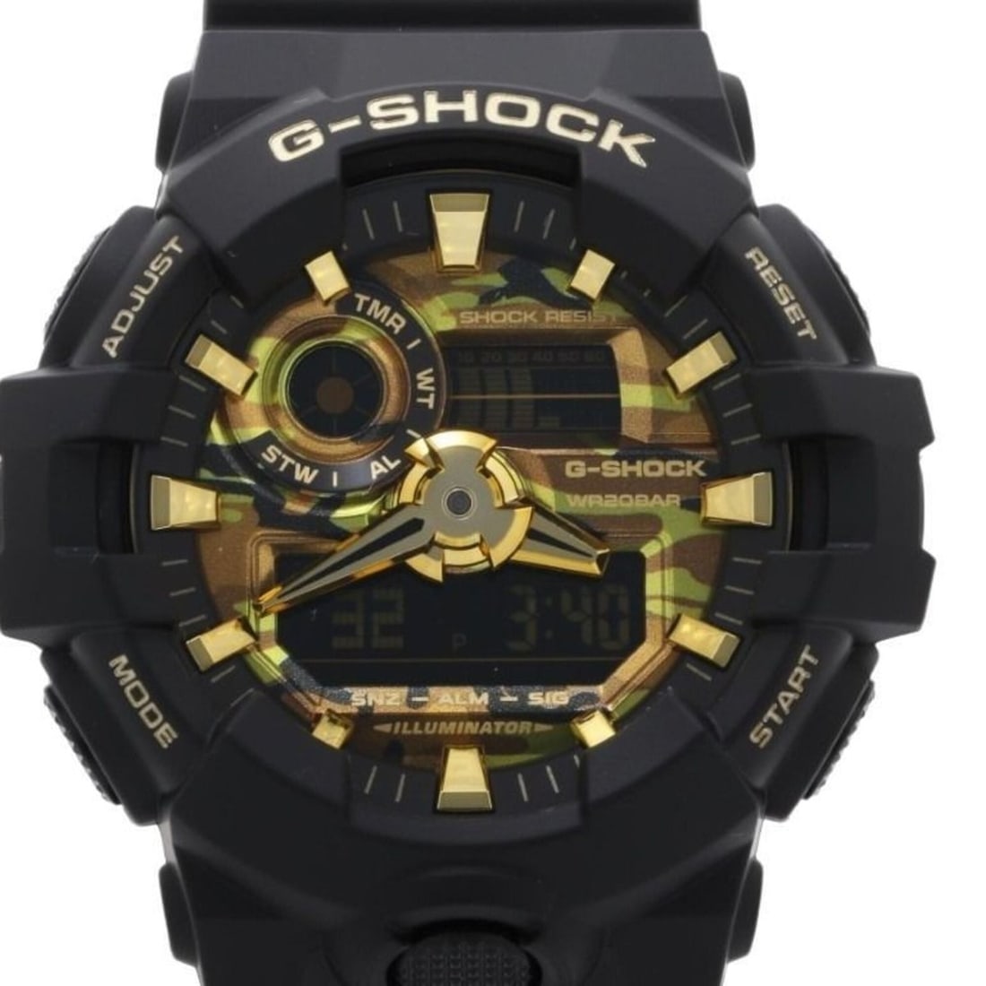 CASIO G-SHOCK BOLD CAMO SERIES, AND GOLD ANALOG-DIGITAL GA-700 SERIES GA-700CF-1AJF Camouflage Black: --- Catalog ---Category: SizeWrist Size: 14.5cm - 21.5cm / 5.7'' - 8.46''Case Diameter: 53.4mm / 2.1''Category: DesignType: WristwatchGender: MenColor (Dial): BlackCategory: GeneralMPN: GA-700CF-1AJFB