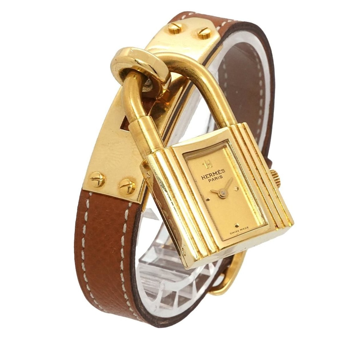 Hermes Kelly Watch, Ladies' Gold and Brown Quartz Watch with Padlock: --- Catalog ---Category: SizeWrist Size: 13cm - 15.5cm / 5.11'' - 6.1''Case Diameter: 20mm / 0.79''Category: DesignType: WristwatchGender: WomenColor (Dial): GoldMaterial (Band): Gold plated, Leather,