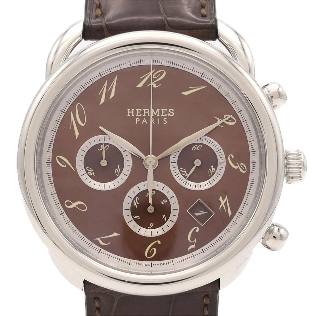 Hermes Arceau Chrono AR4.910 SS Automatic Watch: --- Catalog ---Category: SizeCase Diameter: 43mm / 1.69''Category: DesignType: WristwatchGender: MenColor (Dial): BrownMaterial (Case): Stainless steelCategory: GeneralMPN: AR4.910Brand: HermesCategor