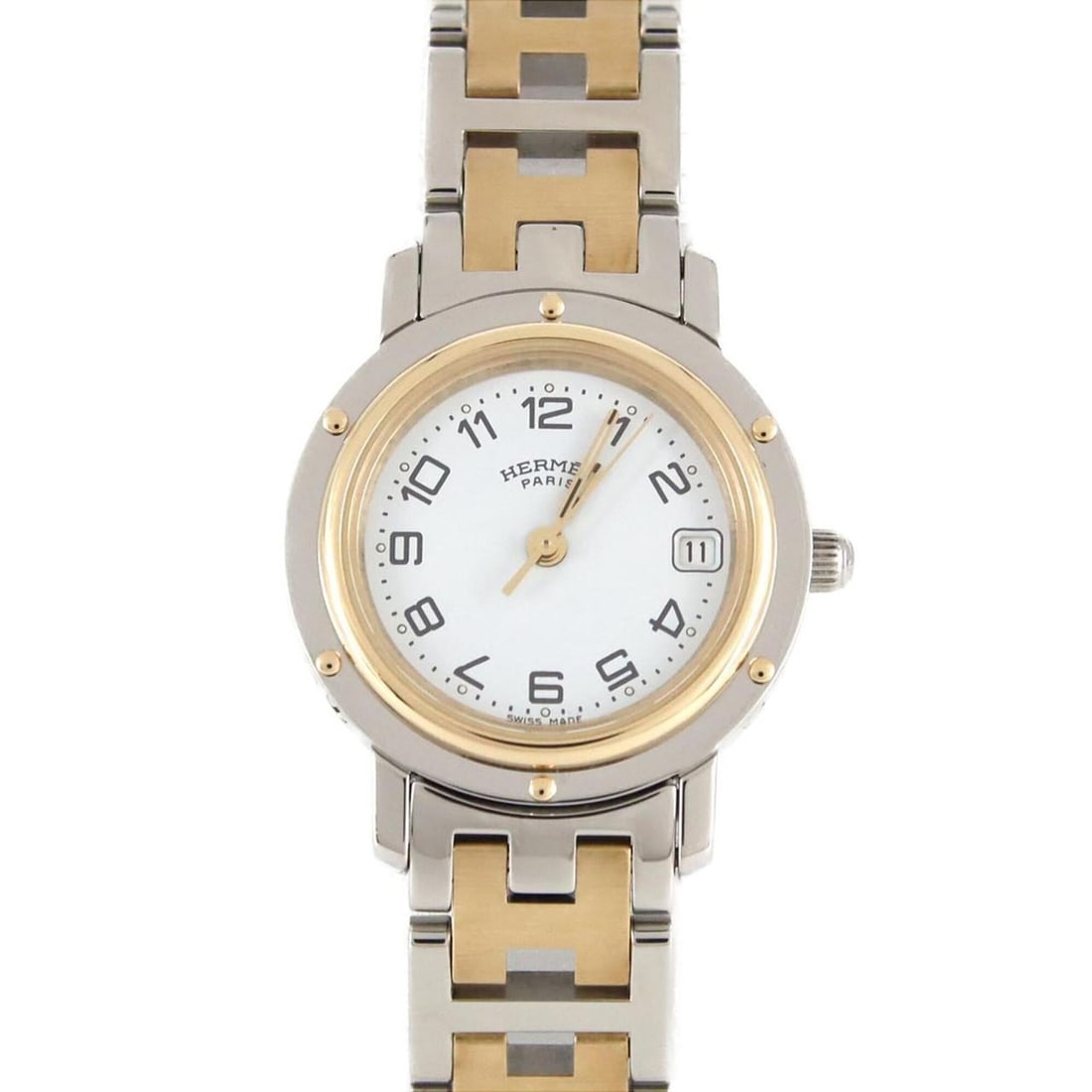 Hermes Clipper Combination CL4.220 SSxGP Quartz Watch: --- Catalog ---Category: SizeWrist Size: 15.5cm / 6.1''Case Diameter: 24mm / 0.94''Category: DesignType: WristwatchGender: WomenColor (Dial): WhiteMaterial (Band): Gold plated, Stainless steelMaterial