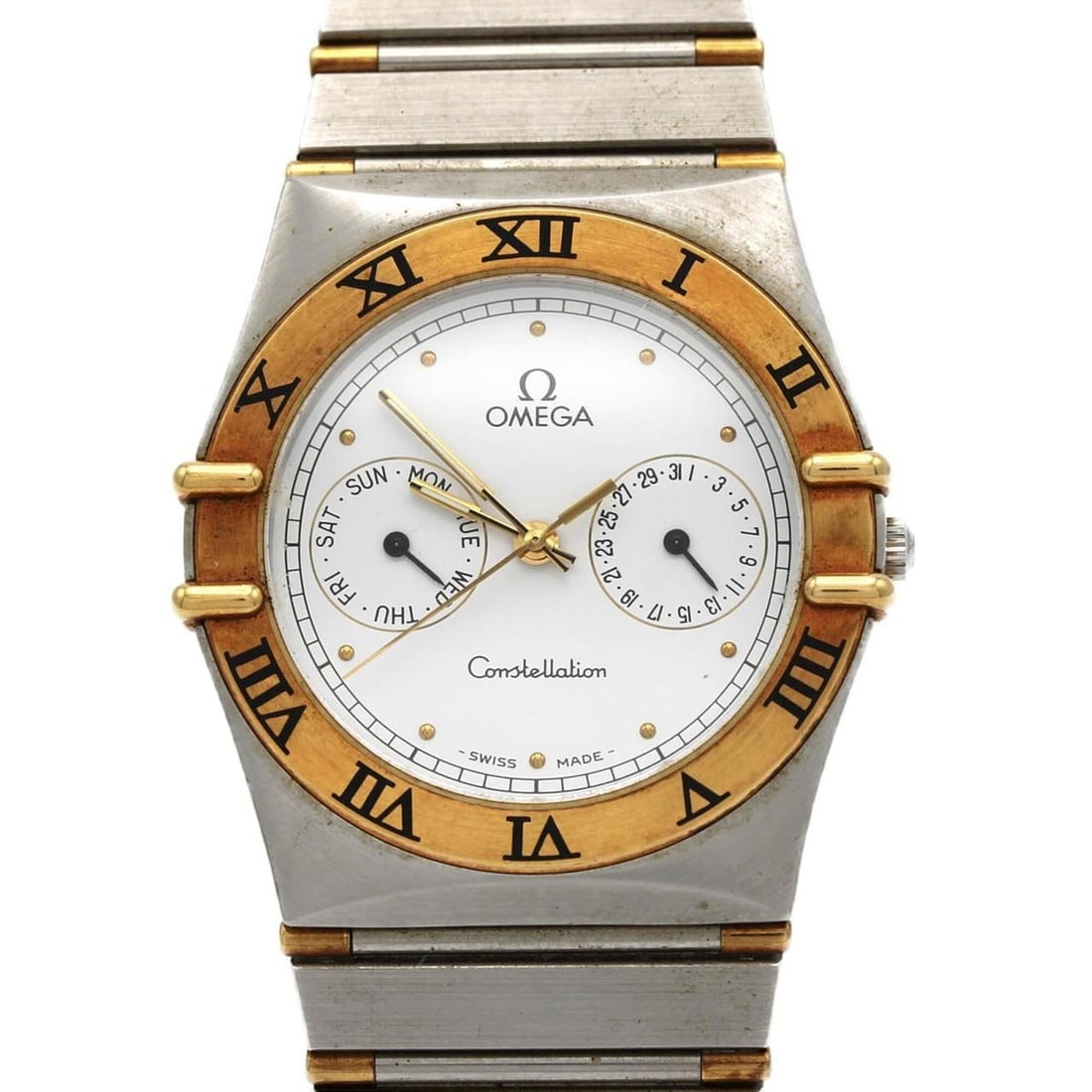 Omega Constellation Day-Date Two-Tone Stainless Steel x Yellow Gold Quartz Watch: --- Catalog ---Category: SizeWrist Size: 18cm / 7.08''Case Diameter: 32.5mm / 1.28''Category: DesignType: WristwatchGender: MenColor (Dial): WhiteMaterial (Band): Stainless steel, Yellow goldMaterial