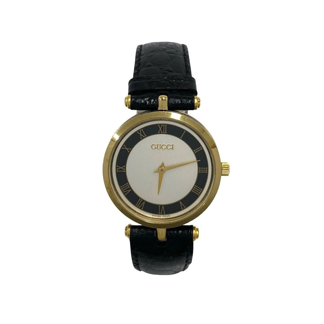 GUCCI Vintage Dress Watch Leather GP Quartz Wristwatch Black b2602: --- Catalog ---Category: SizeWrist Size: 13.5cm - 19cm / 5.31'' - 7.48''Case Diameter: 30mm / 1.18''Category: DesignType: WristwatchGender: WomenMaterial (Band): LeatherMaterial (Case): Gold