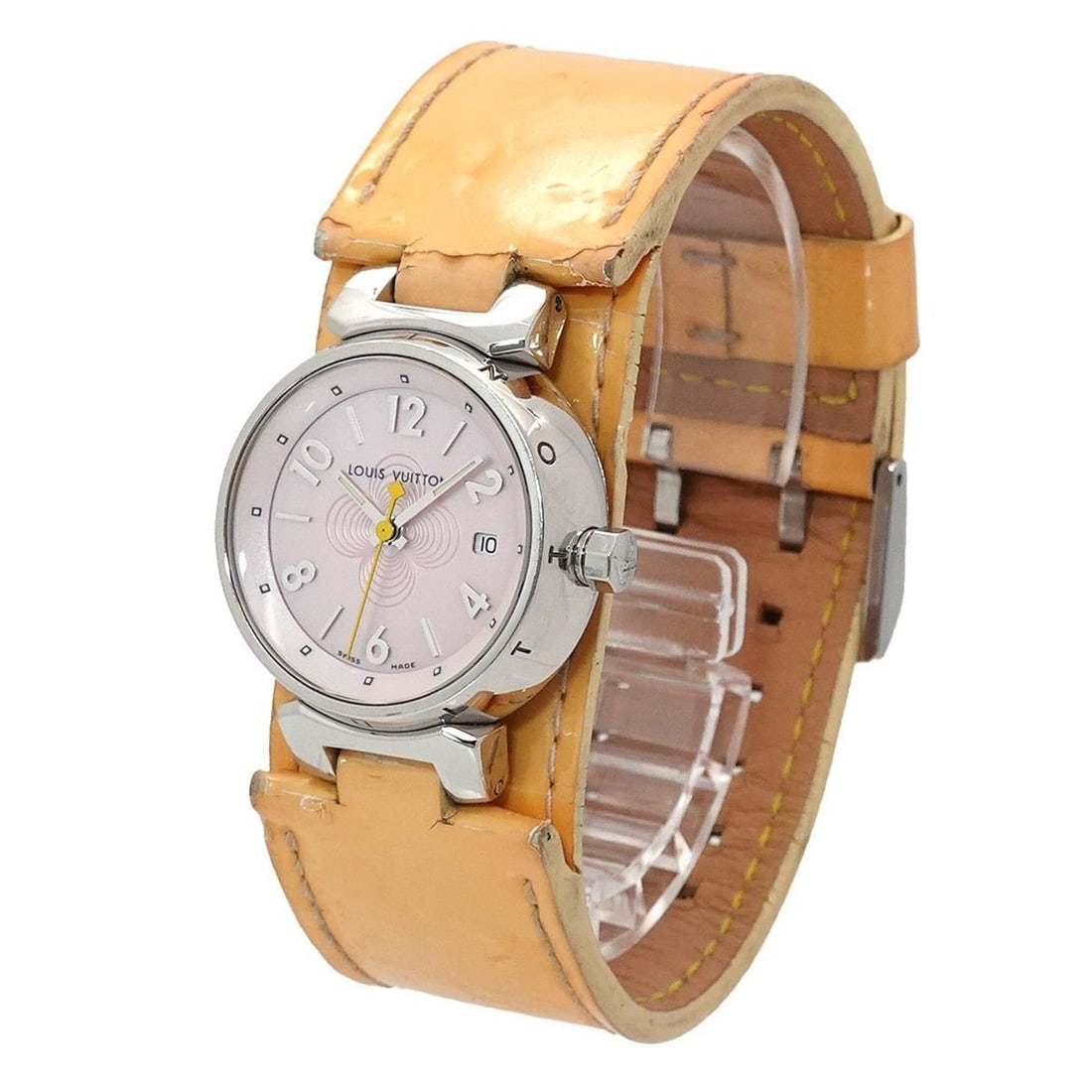 Louis Vuitton Tambour Q1216 Women's Watch, Date Display, Pink Shell, Quartz Watch: --- Catalog ---Category: SizeWrist Size: 13.5cm - 18cm / 5.31'' - 7.08''Case Diameter: 28mm / 1.1''Category: DesignType: WristwatchGender: WomenColor (Dial): Pink shellMaterial (Band): LeatherMaterial