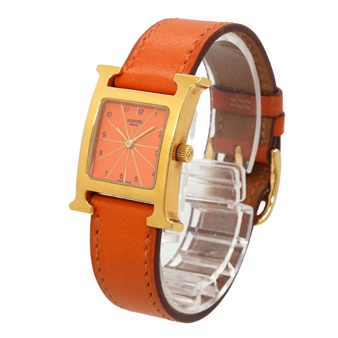 Hermes H-Watch HH1 201 Women's Watch Orange Quartz H: --- Catalog ---Category: SizeWrist Size: 13.5cm - 16cm / 5.31'' - 6.29''Case Diameter: 21mm / 0.83''Category: DesignType: WristwatchGender: WomenColor (Dial): OrangeMaterial (Band): LeatherMaterial (C