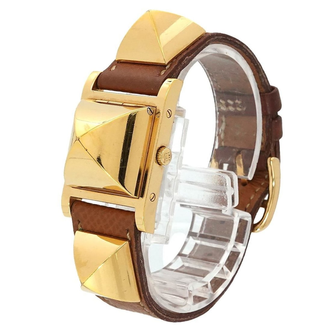 Hermes Medor Women's Watch, Pyramid Design, Gold Studs, White and Brown Leather Strap, Quartz
