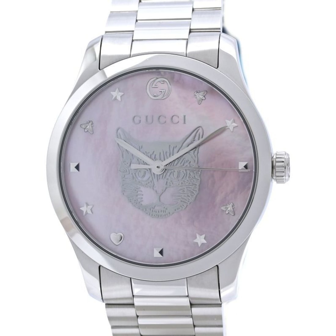 GUCCI G-Timeless Mystic Cat YA1264166 126.4 Watch Boys SS 40578: --- Catalog ---Category: SizeWrist Size: 18.5cm / 7.28''Case Diameter: 38mm / 1.5''Category: DesignType: WristwatchGender: BoysColor (Dial): Pink shellMaterial (Band): Stainless steelMaterial (Case): 