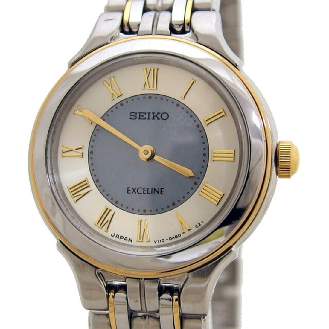 Seiko Exceline Solar Ladies Watch with Roman Numerals: --- Catalog ---Category: SizeWrist Size: 18cm / 7.08''Case Diameter: 24mm / 0.94''Category: DesignType: WristwatchGender: WomenColor (Dial): Blue shell, IvoryMaterial (Band): Gold plated, Stainless st