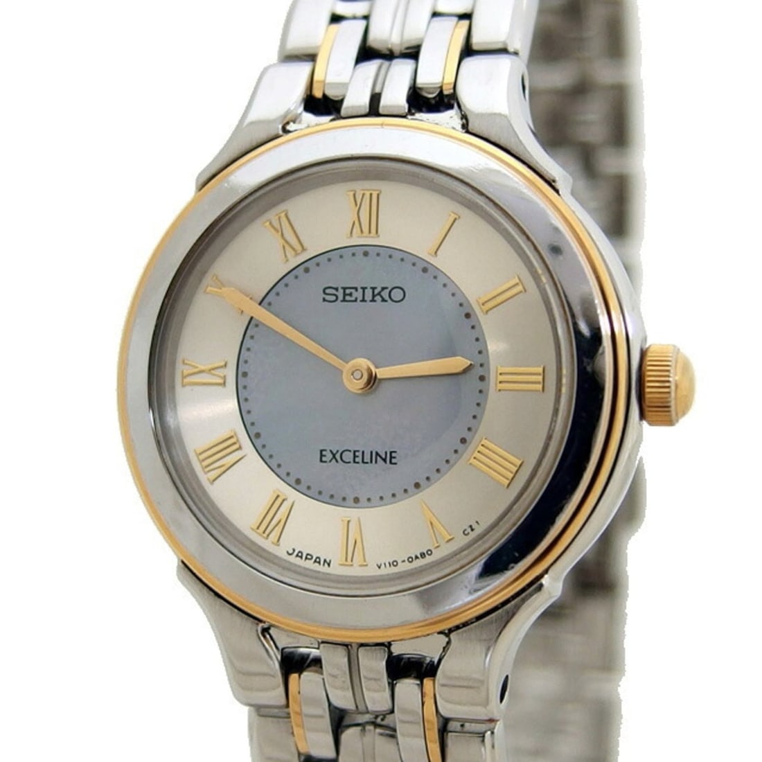 Seiko Exceline Solar Ladies Watch with Roman Numerals: --- Catalog ---Category: SizeWrist Size: 18cm / 7.08''Case Diameter: 24mm / 0.94''Category: DesignType: WristwatchGender: WomenColor (Dial): Blue shell, IvoryMaterial (Band): Gold plated, Stainless st