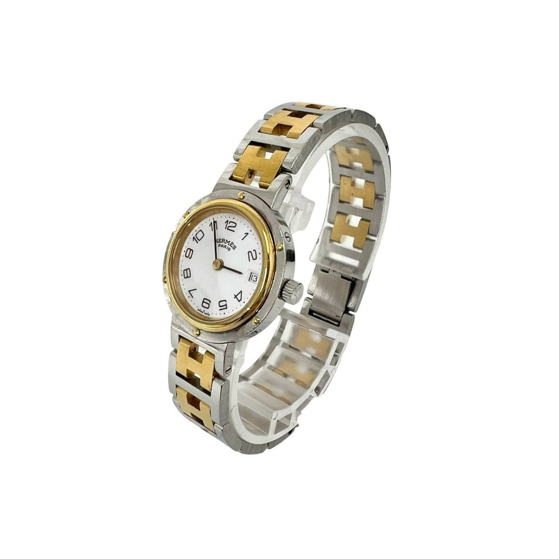 HERMES Clipper Stainless Steel GP Quartz Wristwatch, Silver/Gold, 25008: --- Catalog ---Category: SizeWrist Size: 16cm / 6.29''Case Diameter: 24mm / 0.94''Category: DesignType: WristwatchGender: WomenMaterial (Band): Gold plated, Stainless steelMaterial (Case): Gold plated