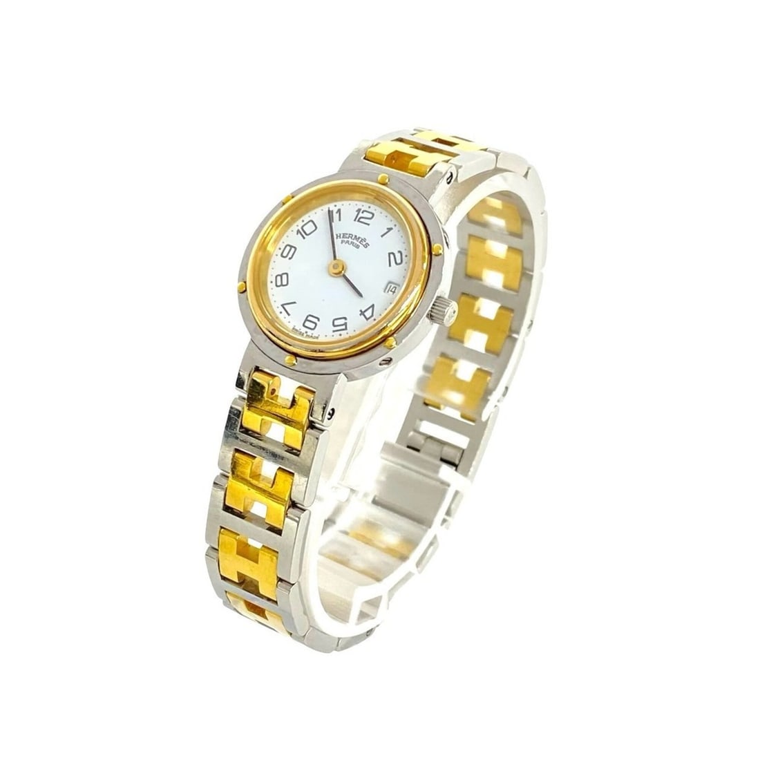 HERMES Clipper Stainless Steel GP Quartz Wristwatch, Silver/Gold, 38535: --- Catalog ---Category: SizeWrist Size: 16cm / 6.29''Case Diameter: 23mm / 0.91''Category: DesignType: WristwatchGender: WomenMaterial (Band): Gold plated, Stainless steelMaterial (Case): Gold plated
