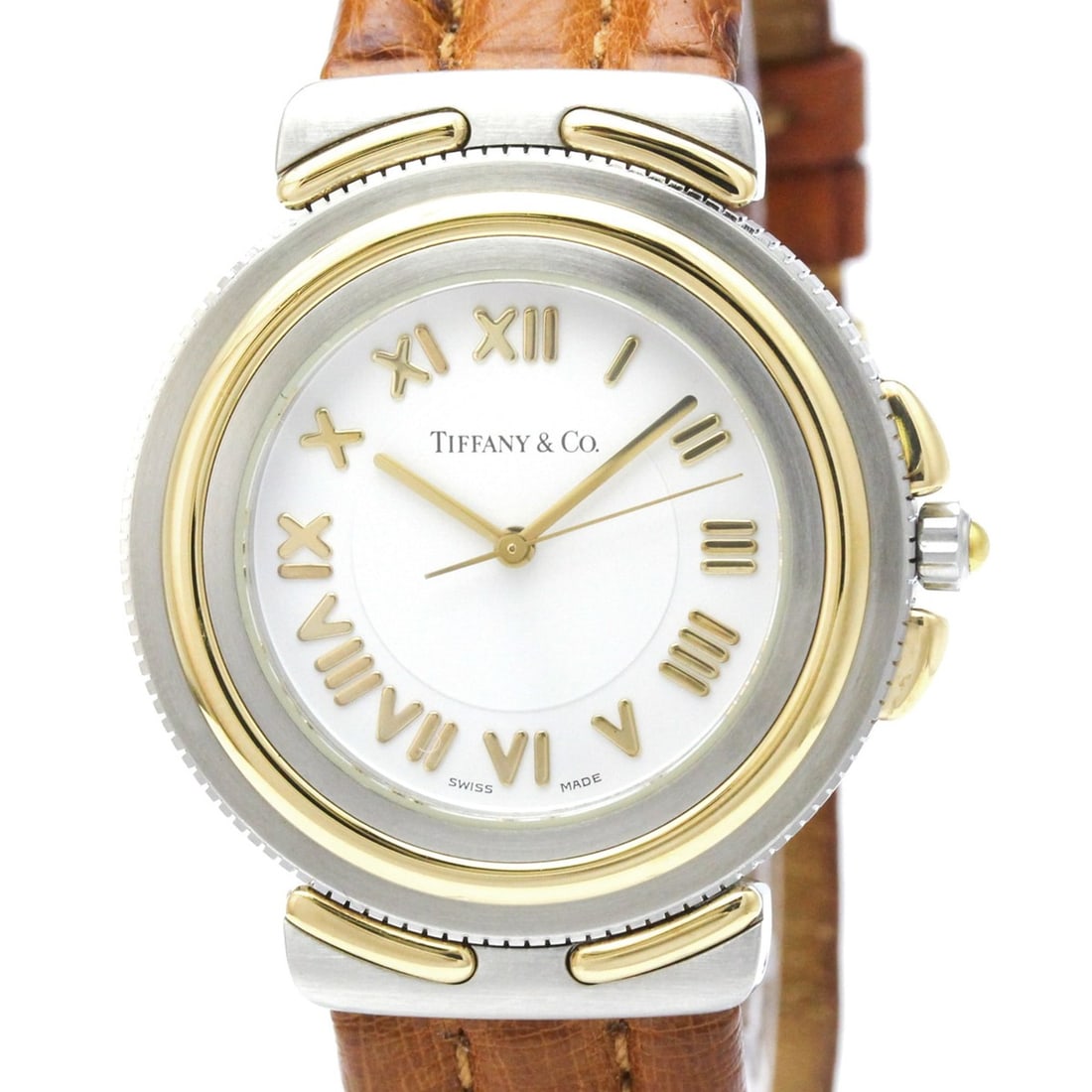 TIFANNY Intaglio 18K Gold Steel Quartz Mens Watch M0820 Polished