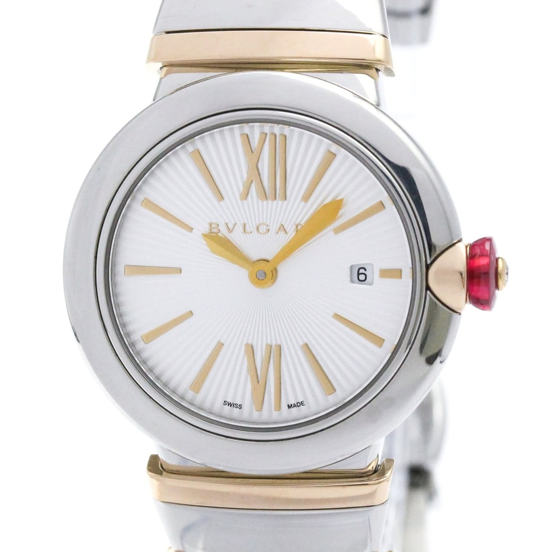 BVLGARI Lvcea 18K Pink Gold Steel Quartz Ladies Watch LUP28SG Polished: --- Catalog ---Category: SizeCase Diameter: 28mm / 1.1''Category: DesignType: WristwatchStyle: Dress/FormalGender: WomenColor (Dial): SilverMaterial (Band): Pink gold (18K), Stainless steelMaterial (C