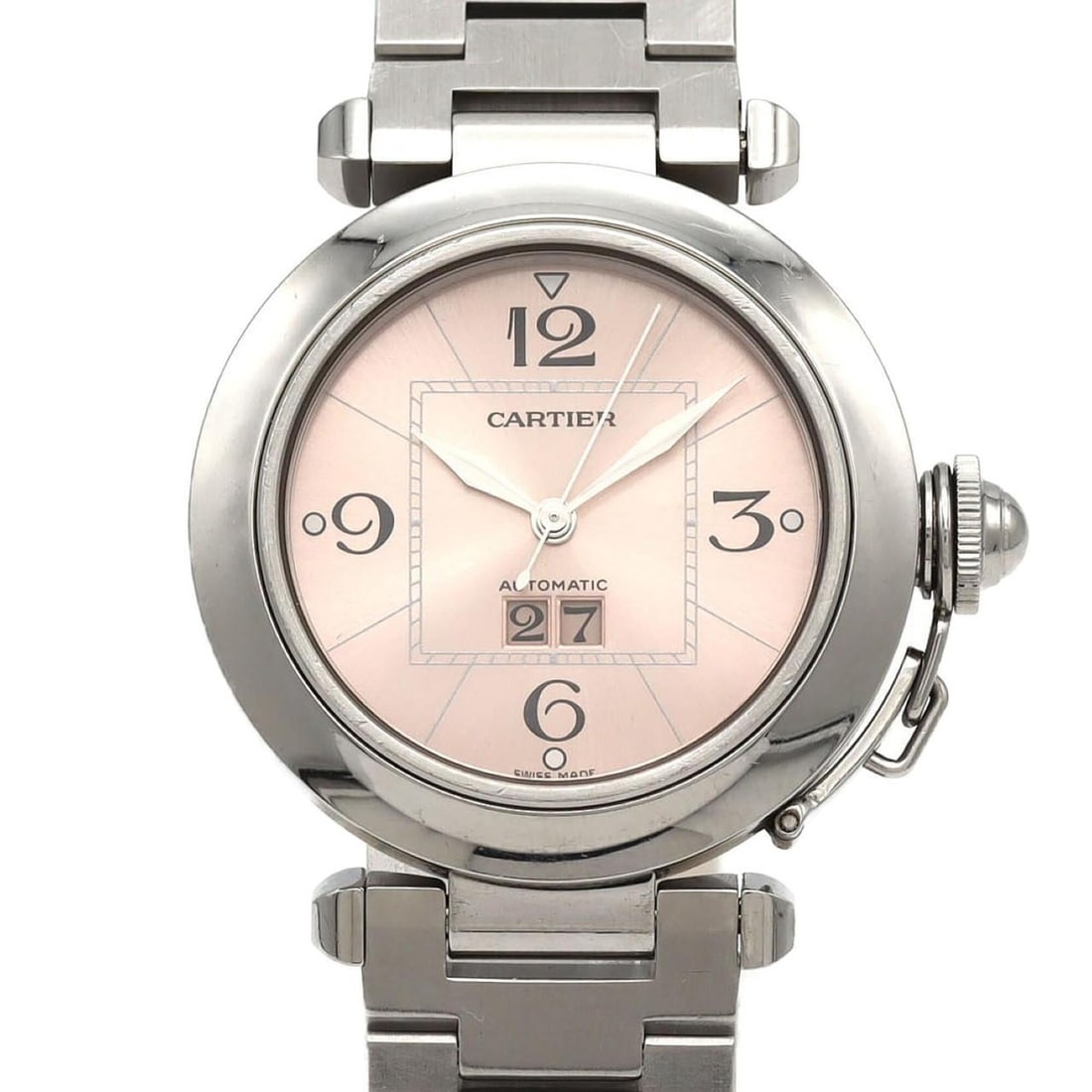 Cartier Pasha C Grande Date W31058M7 Stainless Steel Automatic Watch: --- Catalog ---Category: SizeWrist Size: 19cm / 7.48''Case Diameter: 35mm / 1.38''Category: DesignType: WristwatchGender: Women,MenColor (Dial): PinkMaterial (Band): Stainless steelMaterial (Case): St