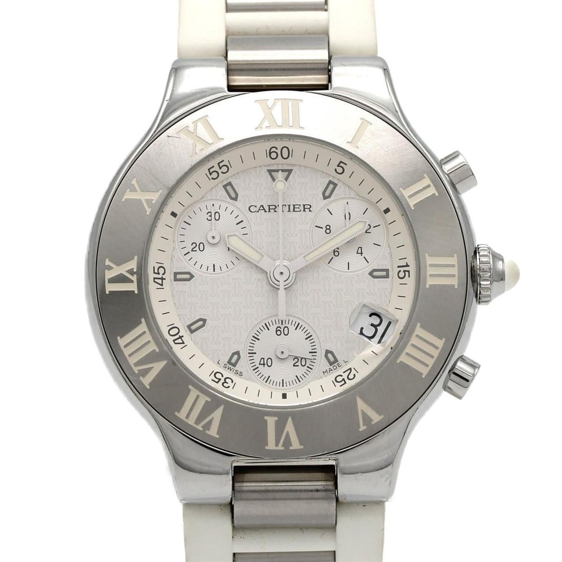 Cartier Chronoscaph LM W10184U2 SS Quartz Watch: --- Catalog ---Category: SizeWrist Size: 15.5cm / 6.1''Case Diameter: 38.5mm / 1.52''Category: DesignType: WristwatchGender: MenColor (Dial): SilverMaterial (Band): Stainless steelMaterial (Case): Sta
