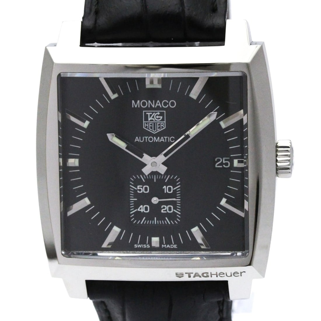 TAG Heuer Monaco Steel Leather Automatic Mens Watch WW2110 Polished: --- Catalog ---Category: SizeCase Diameter: 38mm / 1.5''Category: DesignType: WristwatchStyle: SportGender: MenColor (Dial): BlackMaterial (Band): LeatherMaterial (Case): Stainless steelCategory: Gene