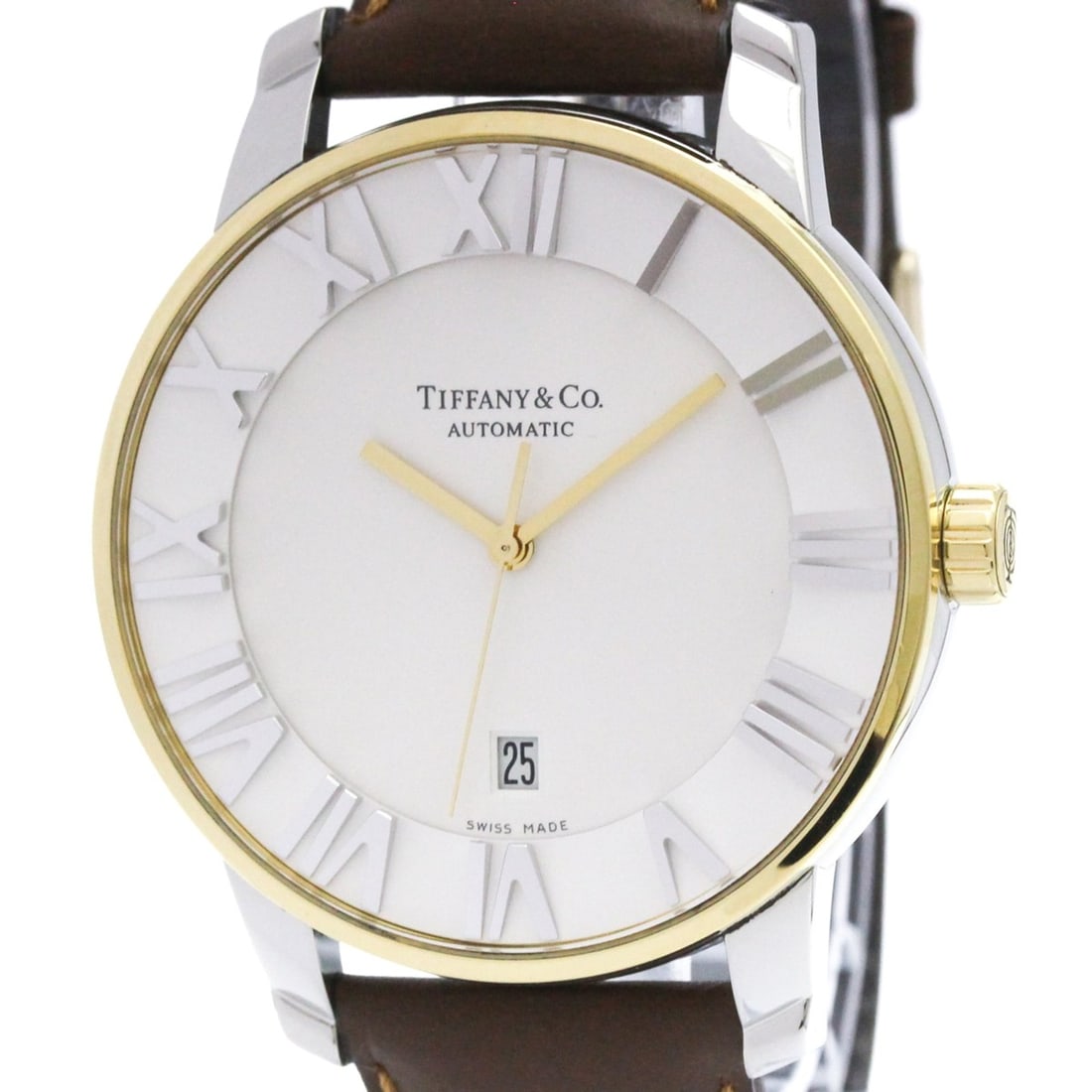TIFFANY Atlas Dome Gold Plated Steel Automatic Mens Watch Z1800.68.15A21A00A Polished: --- Catalog ---Category: SizeCase Diameter: 42mm / 1.65''Category: DesignType: WristwatchStyle: Dress/FormalGender: MenColor (Dial): SilverMaterial (Band): LeatherMaterial (Case): Gold plated, Stainle