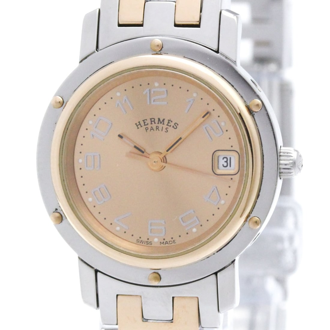 HERMES Clipper Pink Gold Plated Steel Watch CL4.221 Polished