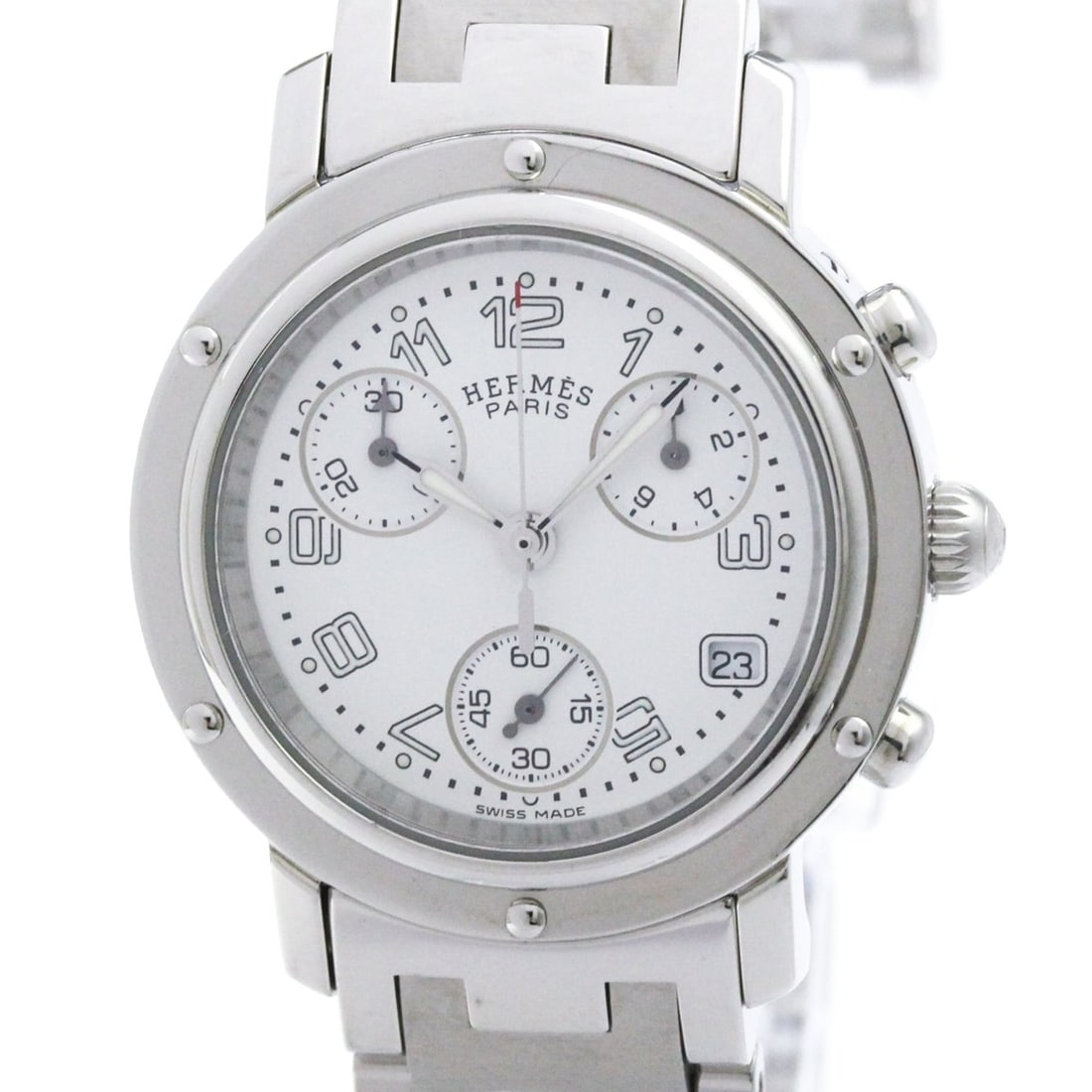 HERMES Clipper Chronograph Steel Quartz Ladies Watch CL1.310 Polished: --- Catalog ---Category: SizeCase Diameter: 31mm / 1.22''Category: DesignType: WristwatchStyle: Dress/FormalGender: WomenColor (Dial): WhiteMaterial (Band): Stainless steelMaterial (Case): Stainless s