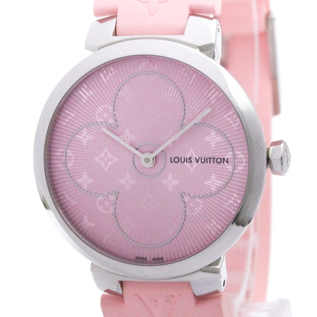LOUIS VUITTON Tambour Steel Quartz Ladies Watch Q1G08 Polished: --- Catalog ---Category: SizeCase Diameter: 32mm / 1.26''Category: DesignType: WristwatchStyle: Dress/FormalGender: WomenColor (Dial): PinkMaterial (Band): RubberMaterial (Case): Stainless steelCatego